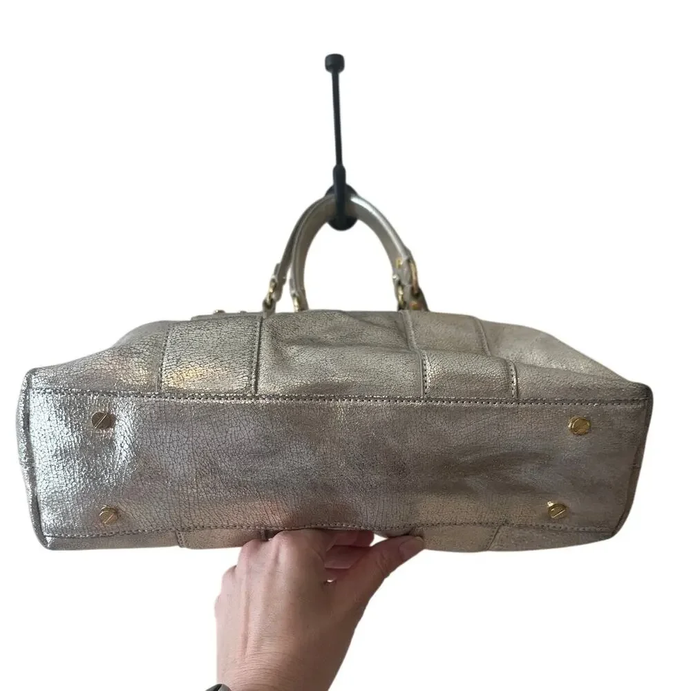 Tory Burch Nico Metallic East West Tote Silver‎ Distressed Leather